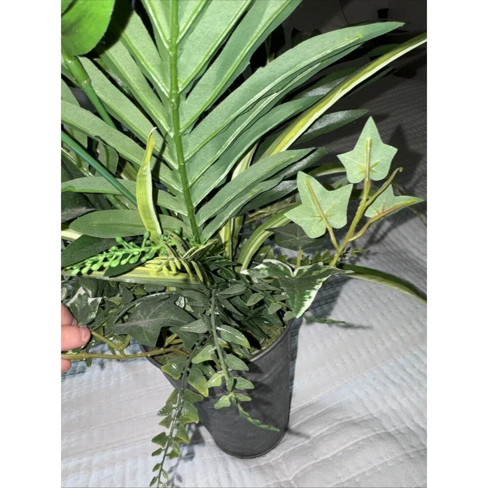 Faux Palm Ivy & Fern Arrangement in Galvanized Tin Bucket – Farmhouse Decor